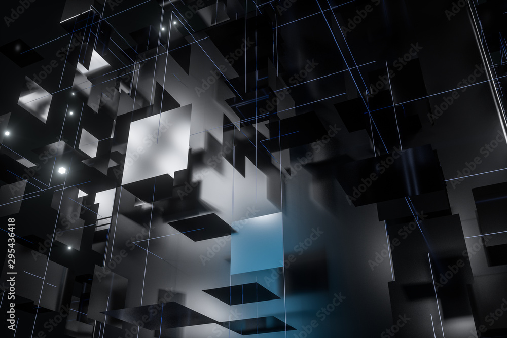 Poster a three-dimensional space composed of square planes, 3d rendering.
