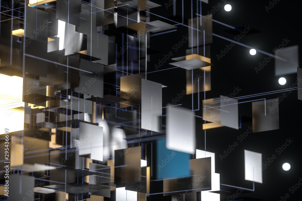 Poster a three-dimensional space composed of square planes, 3d rendering.
