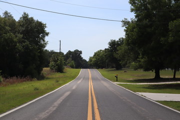 driving on highway. two-way road divided by two yellow solid lines. two lane road. road with trees...