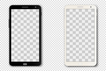 Two realistic smartphones, gadgets, mobile phones isolated on a transparent background with a transparent screen. Can be used as a layout for your design. Vector illustration.