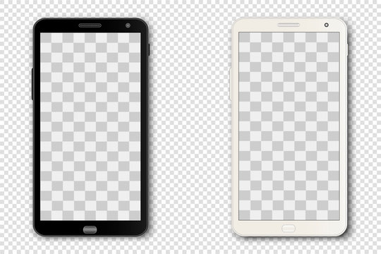 Two realistic smartphones, gadgets, mobile phones isolated on a transparent background with a transparent screen. Can be used as a layout for your design. Vector illustration.