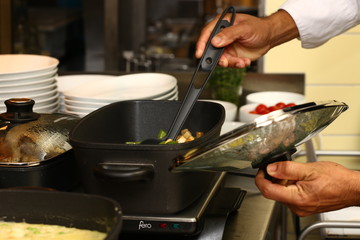 professional cook in kitchen preparing food for customers showing hands and utilities