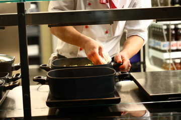 professional cook in kitchen preparing food for customers showing hands and utilities