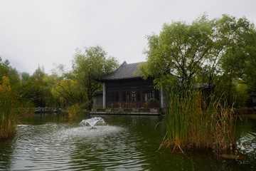 Fototapeta na wymiar Pagoda reflecting in a pond at the Lan Su Chinese Garden, in Portland, southern korea