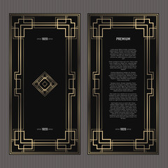 Vector card. Art Deco style. Dark golden geometric frame on black background. Luxury menu concept with logo.