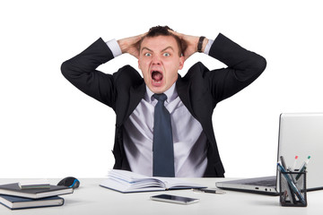 Office, finances, internet, business, success and people concept-Angry businessman shouting in...