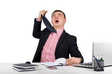 Office, finances, internet, business, success and stress concept-funny businessman, hung a tie