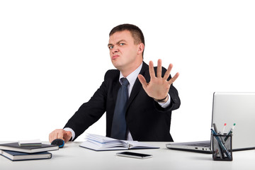 Business and office, ban, veto, warning concept - Funny buisnessman making stop gesture