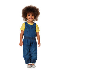 happy little african american girl wearing denim clothers in full length, isolated with copyspace
