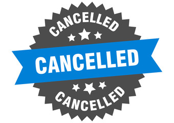 cancelled sign. cancelled blue-black circular band label