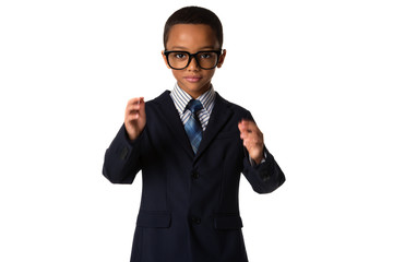 Elegant little man with glasses in business suit. Concept of leadership and success