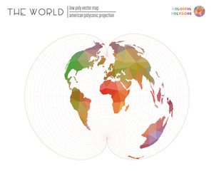 Polygonal world map. American polyconic projection of the world. Colorful colored polygons. Energetic vector illustration.