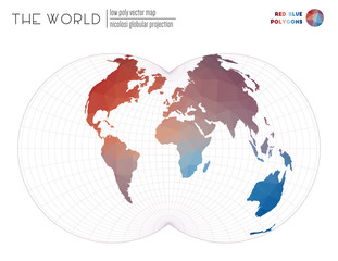 Triangular mesh of the world. Nicolosi globular projection of the world. Red Blue colored polygons. Neat vector illustration.