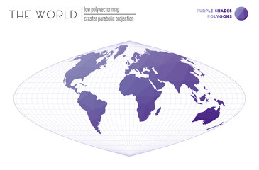 World map in polygonal style. Craster parabolic projection of the world. Purple shades colored polygons. Stylish vector illustration.