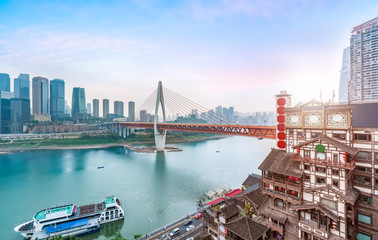 Hongya cave and modern architectural landscape in Chongqing