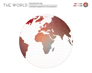 Triangular mesh of the world. Chamberlin projection for Africa projection of the world. Red Grey colored polygons. Elegant vector illustration.