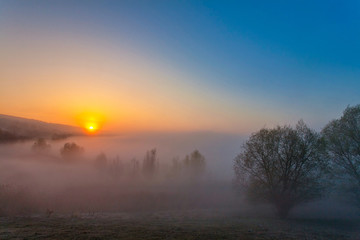Beautiful foggy autumn sunrise landscape.