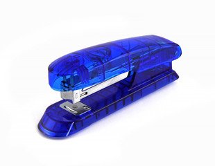 Blue stapler isolated on white background. It is an office tool for stapling paper.