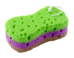 Green sponge for washing dishes on a white background. The sponge has a knurled surface. It can be used for household and car wash.