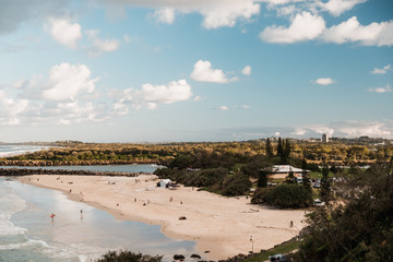 Gold Coast, Australia: aerial view on the empty beach in Coolangatta, sunny weather