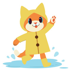 The character of cute cat wear the yellow raincoat and boots. The cute cat walking on the water. The cute cat look happy. The character of cute cat in flat vector style.