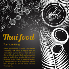 Thai delicious and famous food.river prawn spicy soup Tom yum kung and ingredient with isolated black background,black and white gray scale style,vector illustration