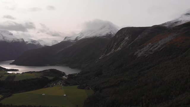 Beautiful aerial shot of Norwegian mountains landscapes and fjord.