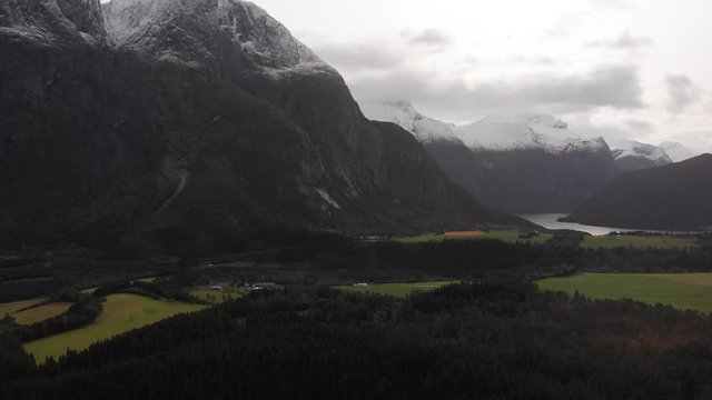 Aerial shot of the beautiful Norwegian fjords on a cloudy day.