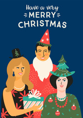 Christmas and Happy New Year illustration with people in carnival costumes.