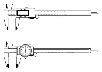 Digital caliper and dial caliper. Measuring tool. Vector thin line