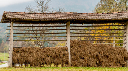 A traditional Slovenian drying frame hay rack called a kozolec in the countryside near Lake Bled, Slovenia, in the autumn season © Marco Taliani