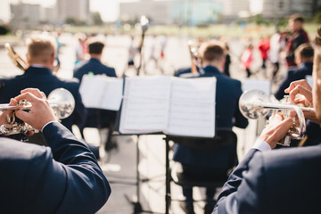 Close-up performance of a brass band on behalf of musicians © andrey gonchar