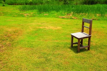 Old Wooden Chair in Green Field.