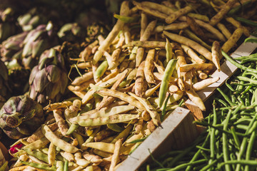 Closeup of Fresh Beans, Peas and Artichoke - Fruit Rural Market