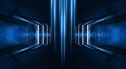 Abstract light tunnel, blue background, stage, portal with rays, neon blue light and spotlights. Dark empty scene with cold neon. Symmetric reflection, perspective. 3D rendering.