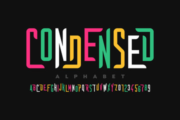 Condensed style font, alphabet letters and numbers
