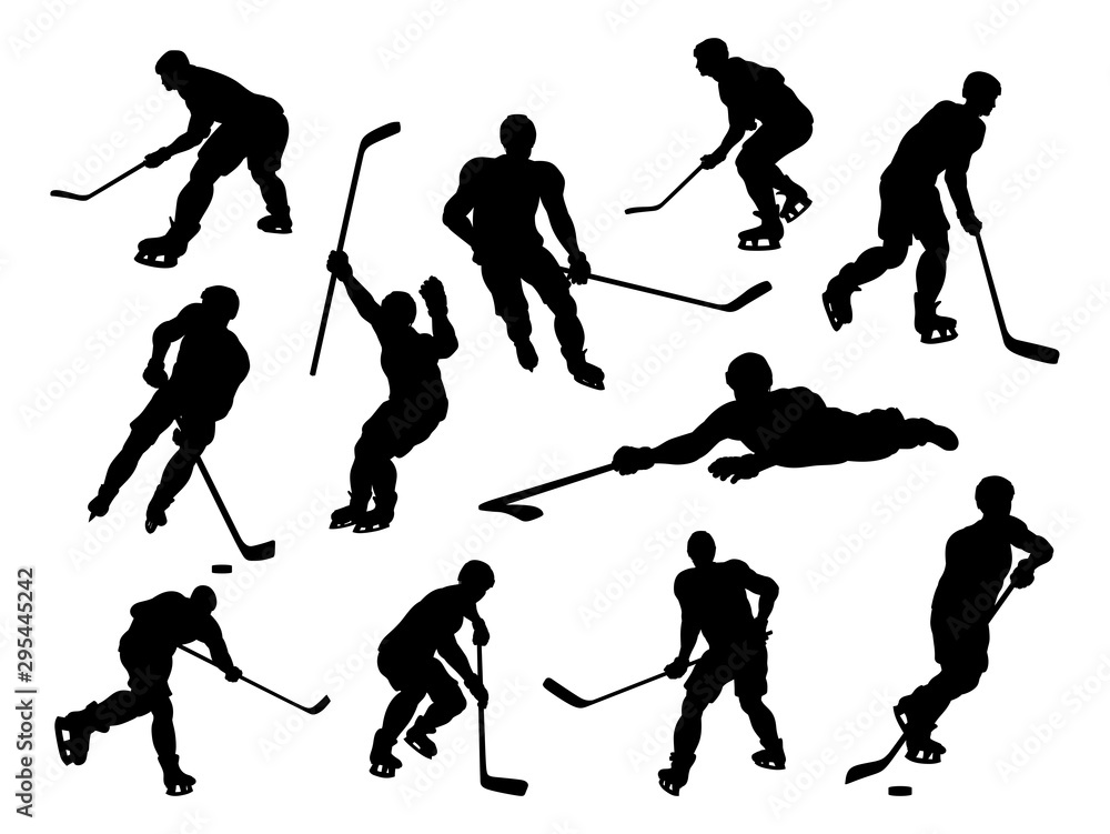 Wall mural a set of detailed silhouette hockey players in lots of different poses