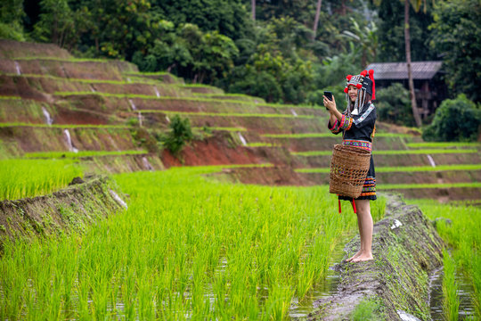 Hmong girl using mobile phone in rice terraces. Ban Pa Bong Piang Northern region in Mae Chaem District Chiangmai Province That has the most beautiful rice terraces in Thailand.