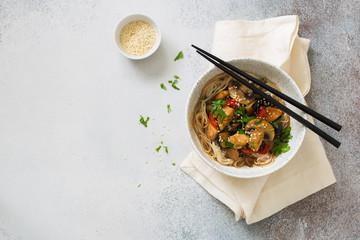 Rice noodles with mushrooms and vegetables