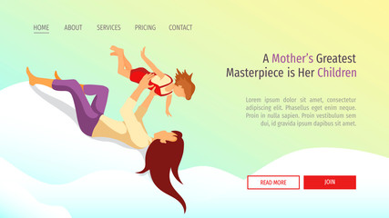 Web page design for Happy family, Childhood, Parenthood, Motherhood. Mother playing with child in the clouds. Vector illustration for poster, banner and website development.