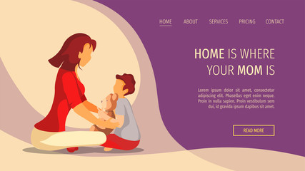 Web page design for Childhood, Motherhood, Parenthood. Mother and child are sitting together. Vector illustration for poster, banner and website development.