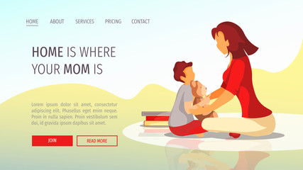 Web page design for Happy family, Childhood, Motherhood, Parenthood. Mother and child are sitting together. Vector illustration for poster, banner and website development.
