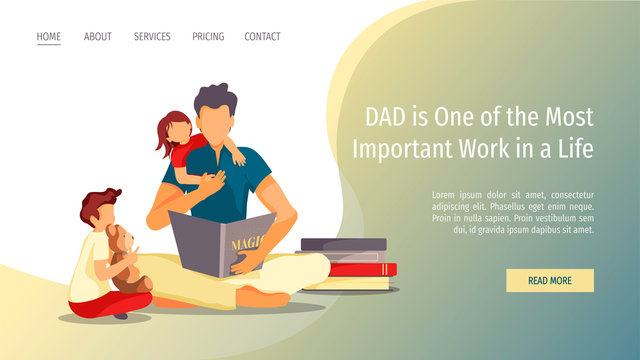 Web page design for Happy family, Childhood, Parenthood. Father and children are sitting and reading book. Vector illustration for poster, banner and website development.