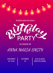 Invitation on a birthday party lettering. Vector illustration for card or banner