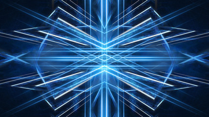 Abstract light tunnel, blue background, stage, portal with rays, neon blue light and spotlights. Dark empty scene with cold neon. Symmetric reflection, perspective. 3D rendering.