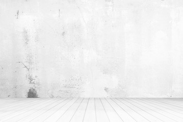 White Wooden Pavement with White Grunge Concrete Wall Texture Background.