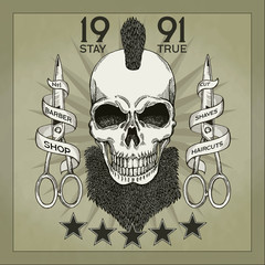 Vintage, hipster skull barbershop logo in old style, vector.
