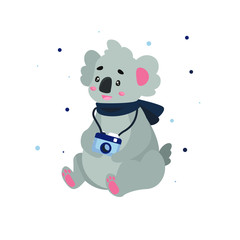 Vector flat illustration with a cute cartoon koala. Koala photographer is sitting with a camera. Koala is wearing a scarf. Around snowflakes and winter. Gift card for children.