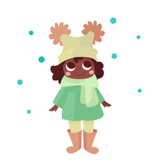 Vector illustration with a little cartoon girl African American. A girl with big eyes looks at snowflakes. She is wearing a beige hat and blue coat. A child in winter, warm clothes in the winter.