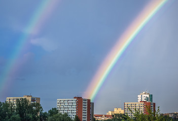 Double rainbow phenomenon in Warsaw, capital city of Poland